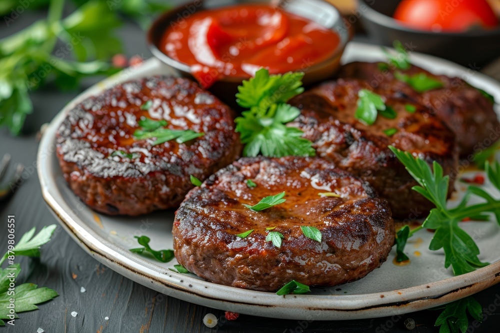 Close up of beef liver patties with tomato sauce on table plate Close up of beef liver patties with tomato sauce on table plate