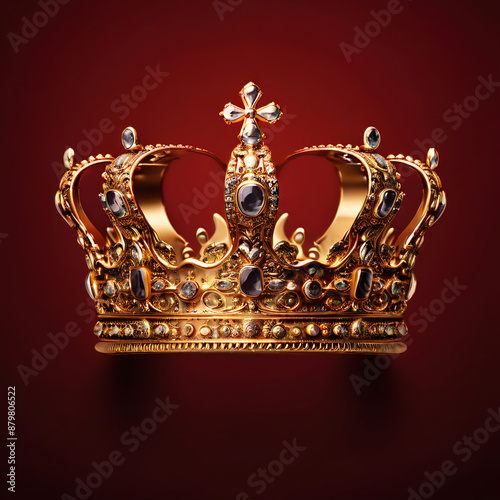 Illustration of Royal golden crown with jewels on golden pillow on red background. Symbols of UK United Kingdom monarchy. Copyspace on the left side of the frame. Generative AI