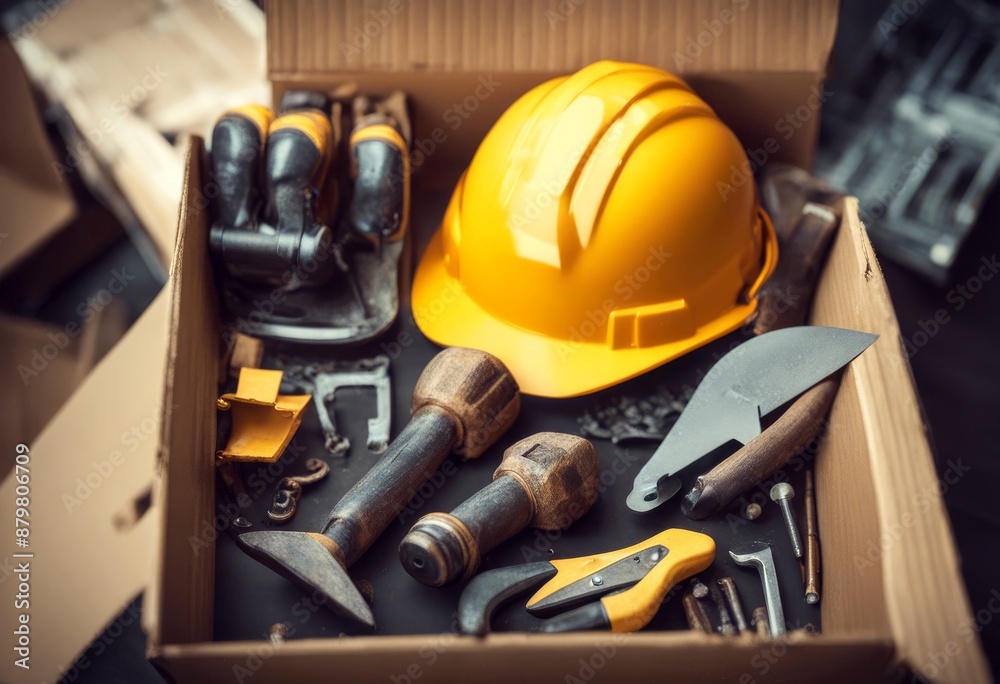 Fototapeta premium tools construction lmet box cardboard tool equipment toolbox repair helmet builder set work