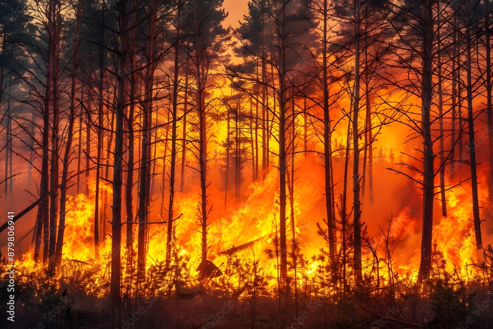 Fototapeta premium Intense forest fire engulfing tall trees with bright orange flames under a smoky sky.