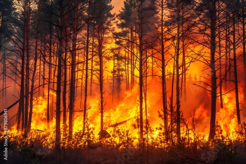 Intense forest fire engulfing tall trees with bright orange flames under a smoky sky.