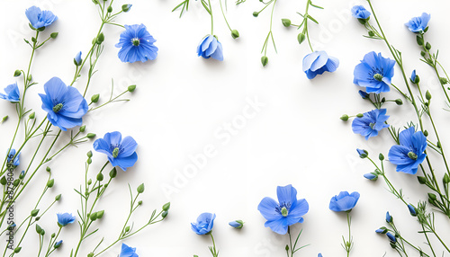 flax flowers or Linum usitatissimum on a white background with copy space for your text. Top view, flat lay