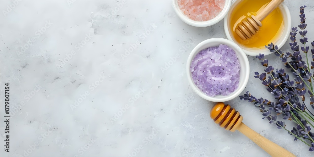 Fototapeta premium Organic Lavender Spa Set with Handmade Clay Mask and Honey. Concept Spa Therapy, Natural Skincare, Herbal Remedies, Handcrafted Beauty Products