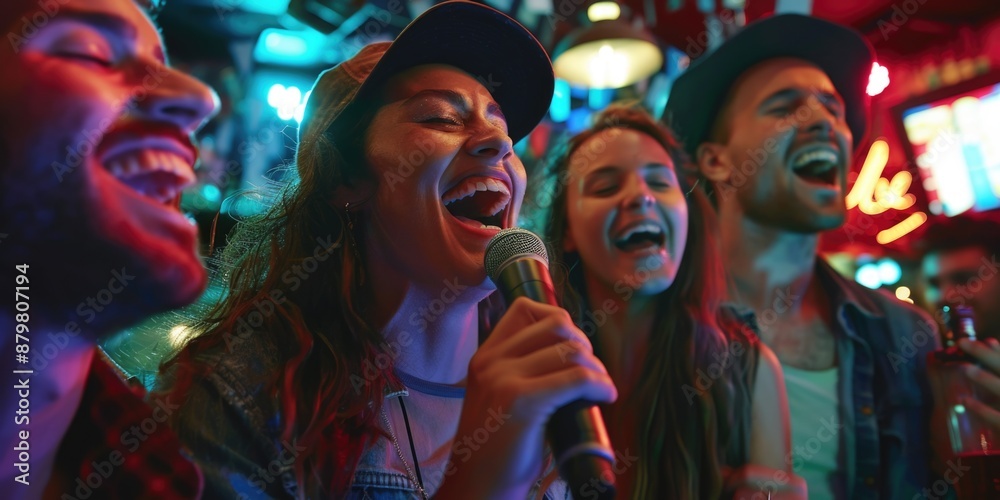 A group of people singing together in a lively atmosphere A group of people singing together in a lively atmosphere