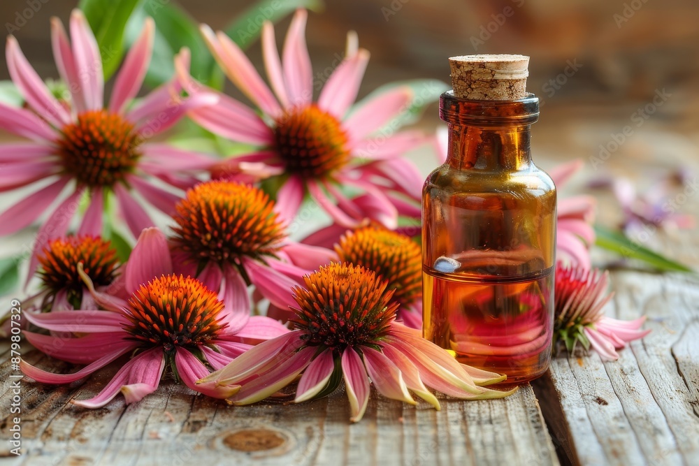 Close up of echinacea oil bottle and coneflower heads on wood Close up of echinacea oil bottle and coneflower heads on wood