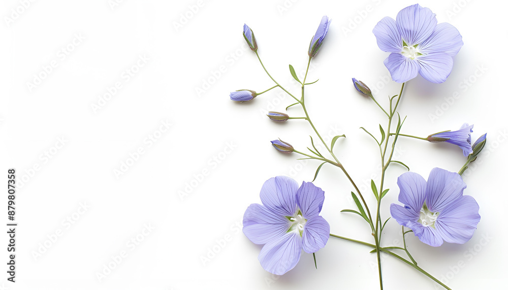 flax flowers or Linum usitatissimum on a white background with copy space for your text. Top view, flat lay