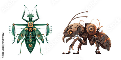 Steampunk insects cartoon vector set. Gears metal plates mantis jaws spines flea chitinous shell chelicera claws brass armor beetle wings grasshopper mechanical creatures, isolated on white background