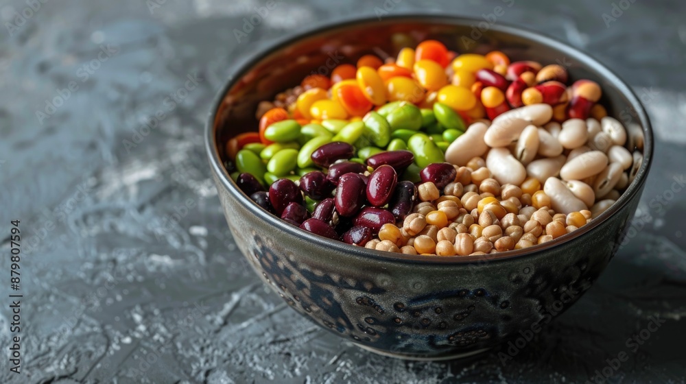 A colorful bowl filled with various vegetables and beans, perfect for a healthy snack or meal A colorful bowl filled with various vegetables and beans, perfect for a healthy snack or meal