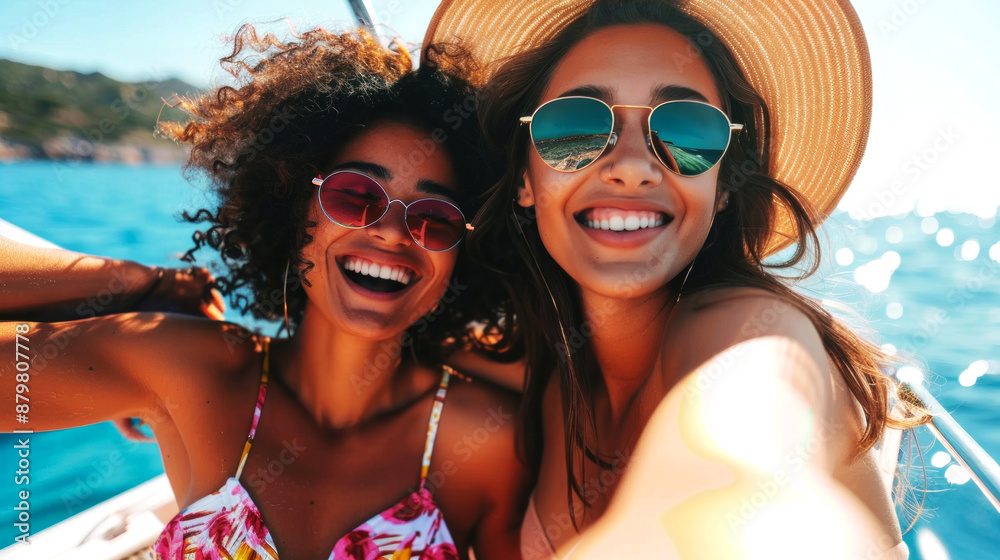 selfie of two young people vacationing on a ship with views of the blue and the islands selfie of two young people vacationing on a ship with views of the blue and the islands