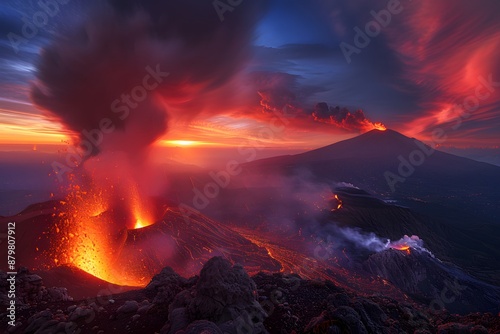 A stunning eruption of a volcano at dusk, with glowing lava flows and dramatic clouds of smoke.