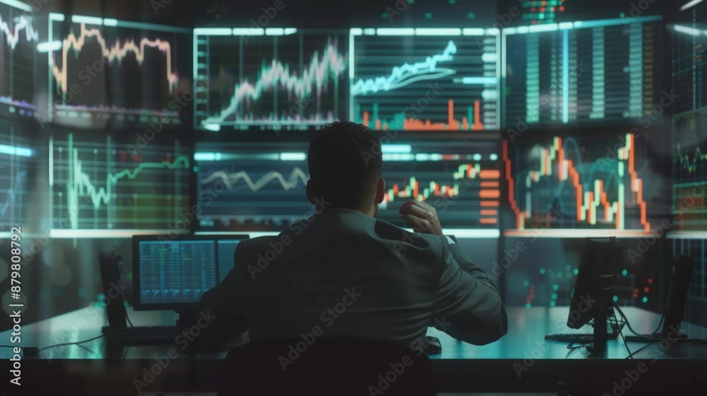 Businessman working on multiple computers Businessman working on multiple computers