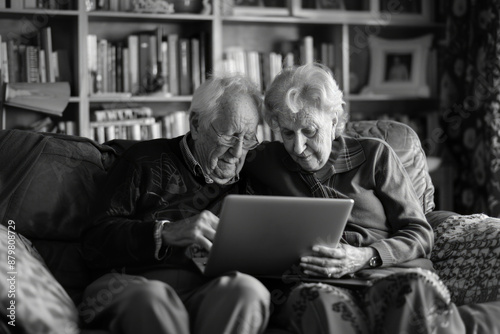 Two elderly individuals browsing a computer photo
