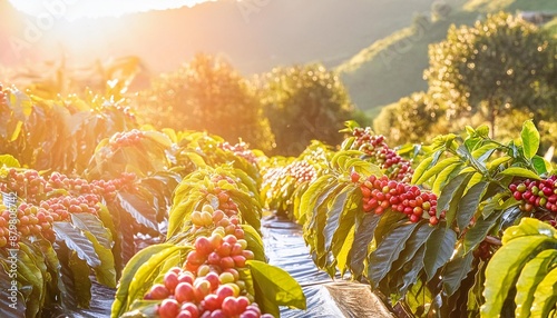 sunlight illumines the dew on ripe coffee cherries amidst vibrant green foliage on a plantation photo