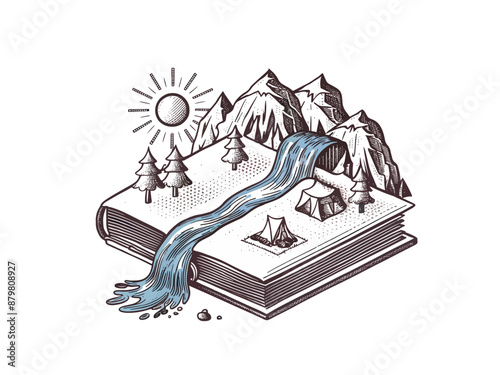 spring nature inside open book, with river and mountain, sketch fantasy story concept