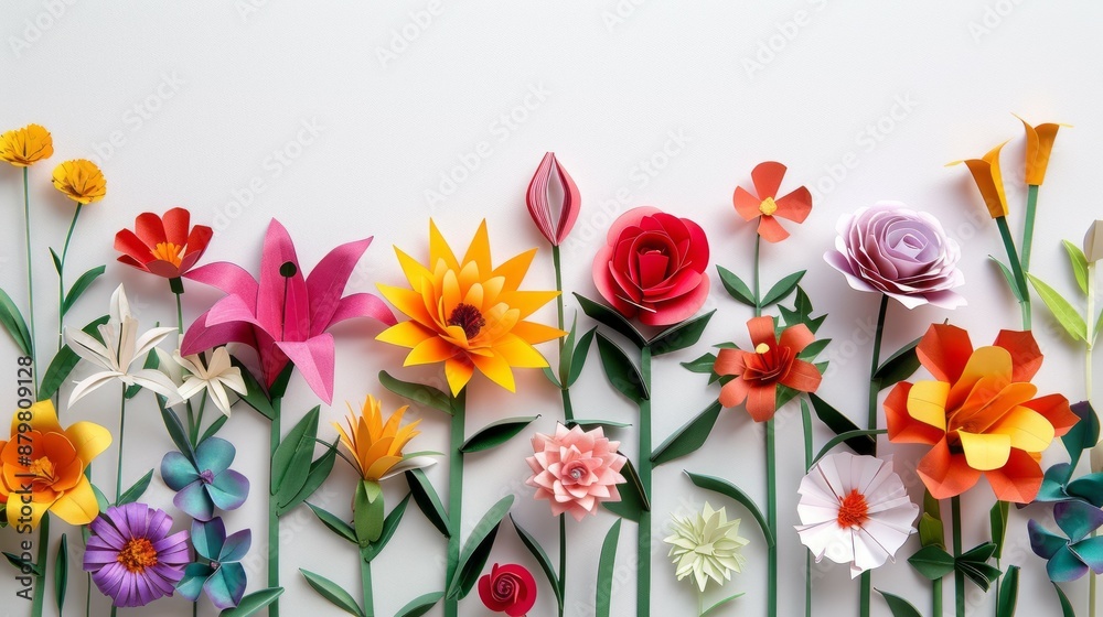 Obraz premium Colorful paper flowers arrangement. Vibrant paper flowers in a row on a white background, creating a cheerful and festive design.