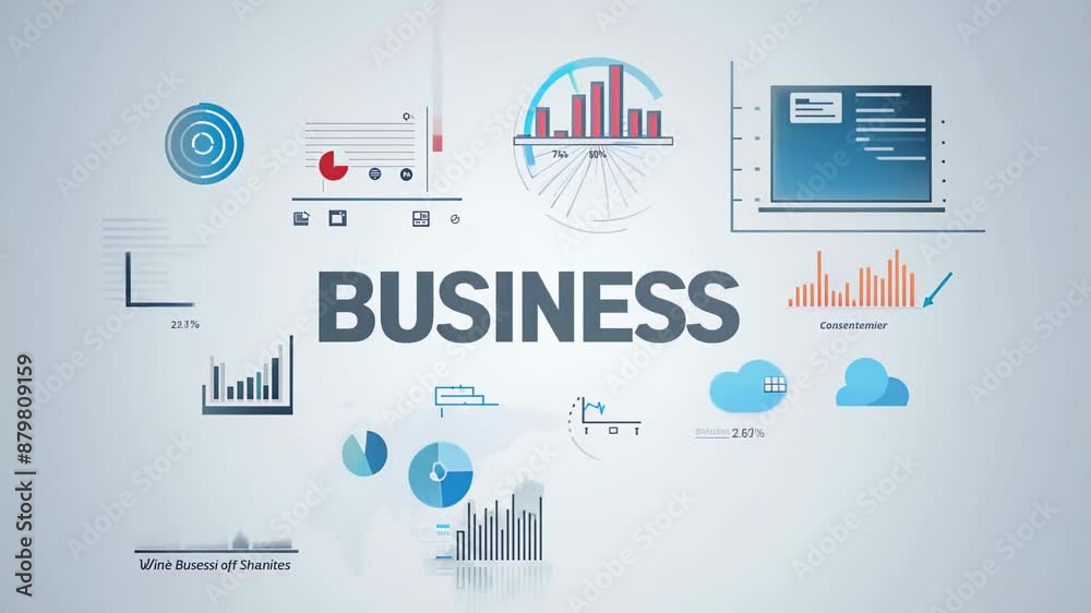 Screensaver with the word Business, minimalistic background with icons and sales graphs, concept: finance and entrepreneurship