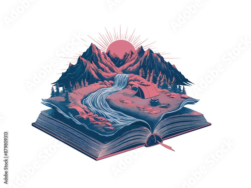 spring nature inside open book, with river and mountain, sketch fantasy story concept