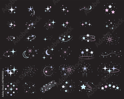 Pastel glittering stars are simple set. Vector illustration.