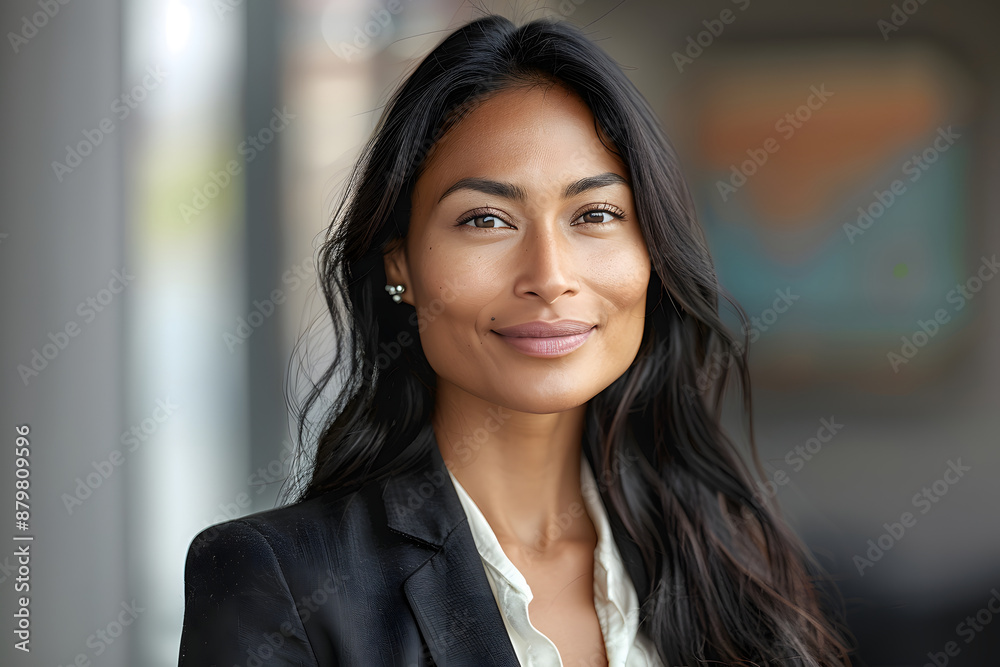 A businesswoman with long dark hair, dressed in business attire, standing confidently in an office A businesswoman with long dark hair, dressed in business attire, standing confidently in an office