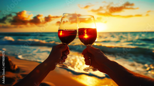 toasting loving couple holding wine glasses, toasting by the beach, hands and romantic wine glasses