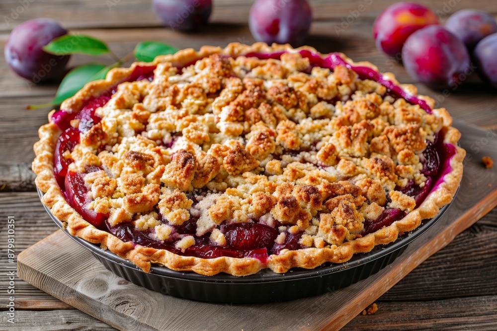 Close up view of plum crumble pie on wood Close up view of plum crumble pie on wood