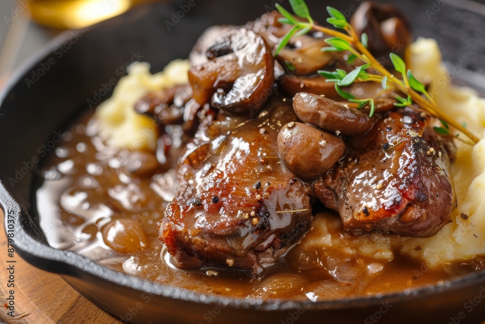 Closeup image of traditional German braised pork cheeks in brown sauce with mushroom and mashed potatoes cooked in a wrought iron pan Closeup image of traditional German braised pork cheeks in brown sauce with mushroom and mashed potatoes cooked in a wrought iron pan