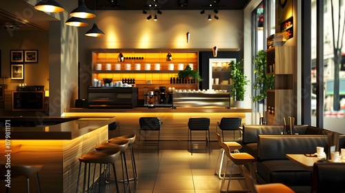 Warm lights illuminating a modern cafe  interior
