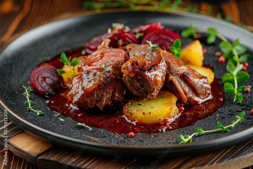 Cooked pork cheeks with boiled potatoes and beetroots on table Cooked pork cheeks with boiled potatoes and beetroots on table