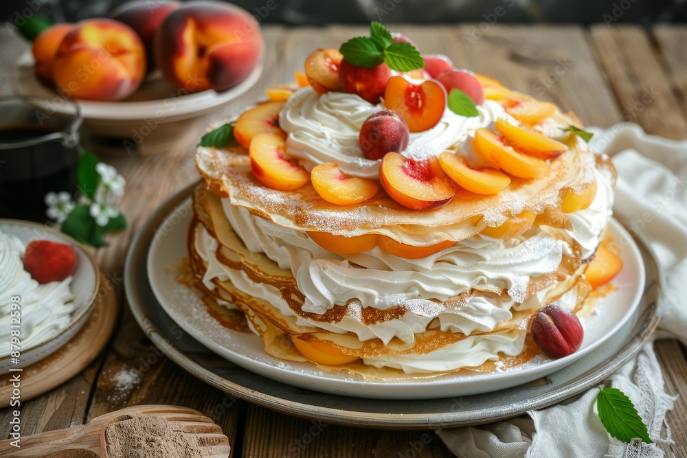 Crepes topped with peaches and cream Crepes topped with peaches and cream