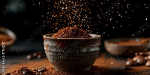 Promoting a Vegan Health Drink Sprinkling Mushroom Coffee Powder into a Cup. Concept Healthy Lifestyle, Vegan Products, Superfood Supplements, Mushroom Coffee, Plant-Based Beverages photo