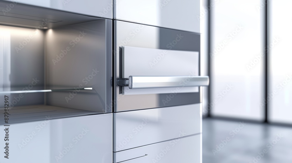 A close-up of a modern fridge door with a sleek design, a magnet holding a blank A4 white paper, high detail, 8K resolution, cinematic style, focus cover all object A close-up of a modern fridge door with a sleek design, a magnet holding a blank A4 white paper, high detail, 8K resolution, cinematic style, focus cover all object