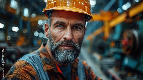 A bearded man wearing an orange hard hat stands at an industrial work site, representing rugged professionalism, safety, and the dedication of industrial workers. © svastix