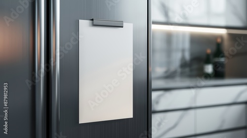 A close-up of a modern fridge door with a sleek design, a magnet holding a blank A4 white paper, high detail, 8K resolution, cinematic style, focus cover all object