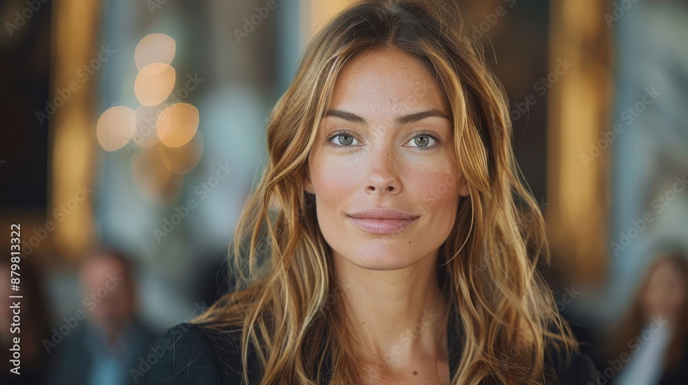 Fototapeta premium A woman in sophisticated business attire smiles warmly in an elegant setting, capturing professionalism, confidence, and a welcoming demeanor in a corporate environment.