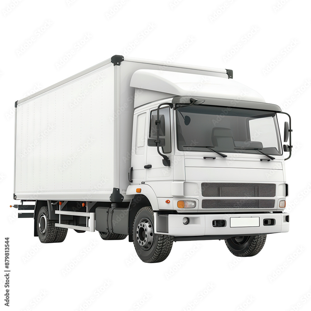 A white delivery truck isolated on a white background. The truck has a closed cargo box. A white delivery truck isolated on a white background. The truck has a closed cargo box.