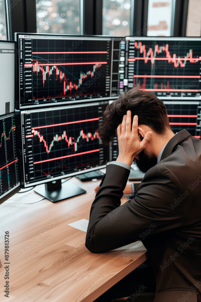 Stressed businessman analyzing stock market data. Market values are falling and are down Stressed businessman analyzing stock market data. Market values are falling and are down