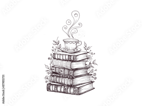 stack of books with flowers, line art, cup of coffee