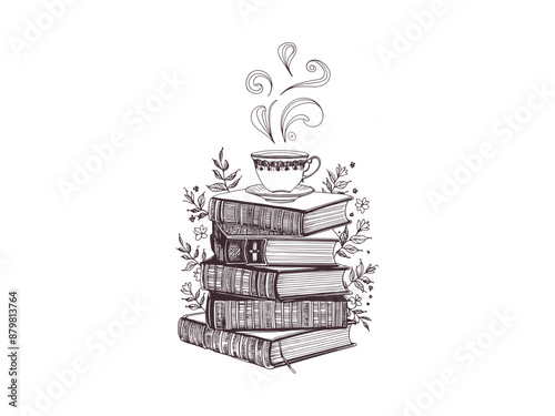 stack of books with flowers, line art, cup of coffee