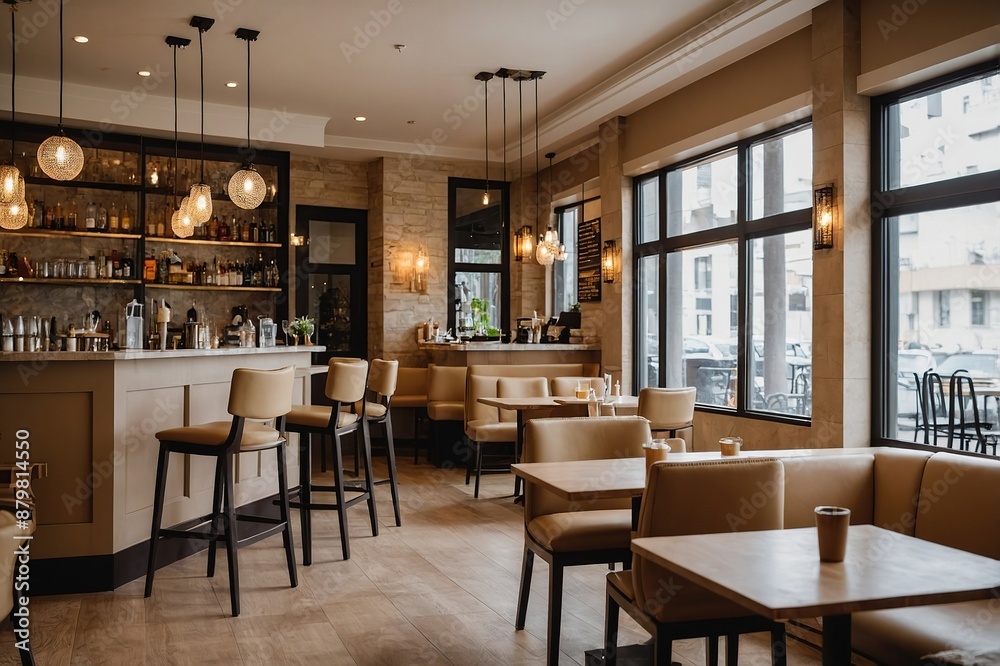 Beige cafe interior with bar island and dining space, panoramic window Beige cafe interior with bar island and dining space, panoramic window