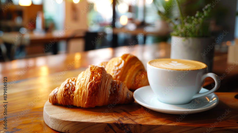 bread food on wooden table, glass of cappuccino coffee with bread, morning meal for relaxing