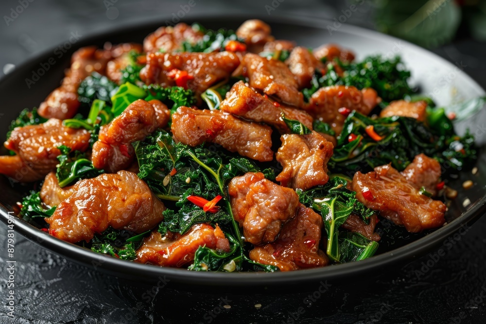 Crispy pork stir fry with kale and oyster sauce on black plate Asian cuisine Crispy pork stir fry with kale and oyster sauce on black plate Asian cuisine