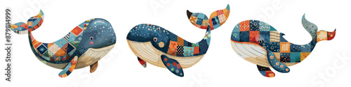 Whale patchwork pattern cartoon vector set. Ocean mammal fish patches ornament plaid blanket cute giant animal seas inhabitant, illustration isolated on white background