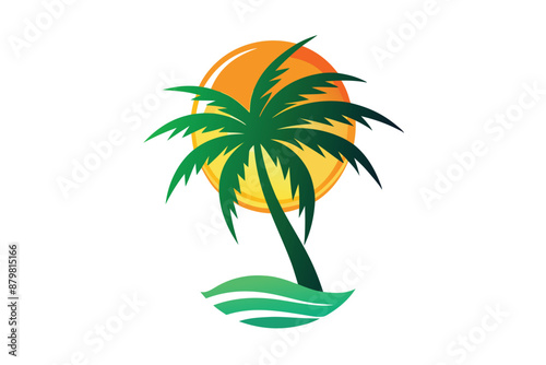 beautiful elegant summer graphic with palm tree sea and sunset