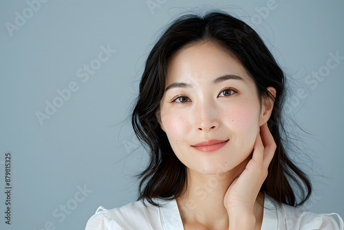 An elegant Asian woman displaying her radiant skin texture against a plain backdrop