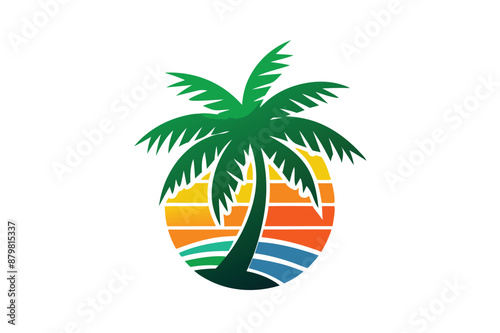 beautiful elegant summer graphic with palm tree sea and sunset