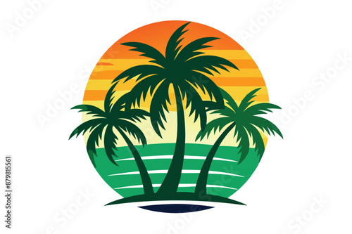 beautiful elegant summer graphic with palm tree sea and sunset