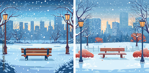Winter city square cartoon vector scene. Snow bench lights trees snowdrifts park skyscrapers horizon landscape color concepts