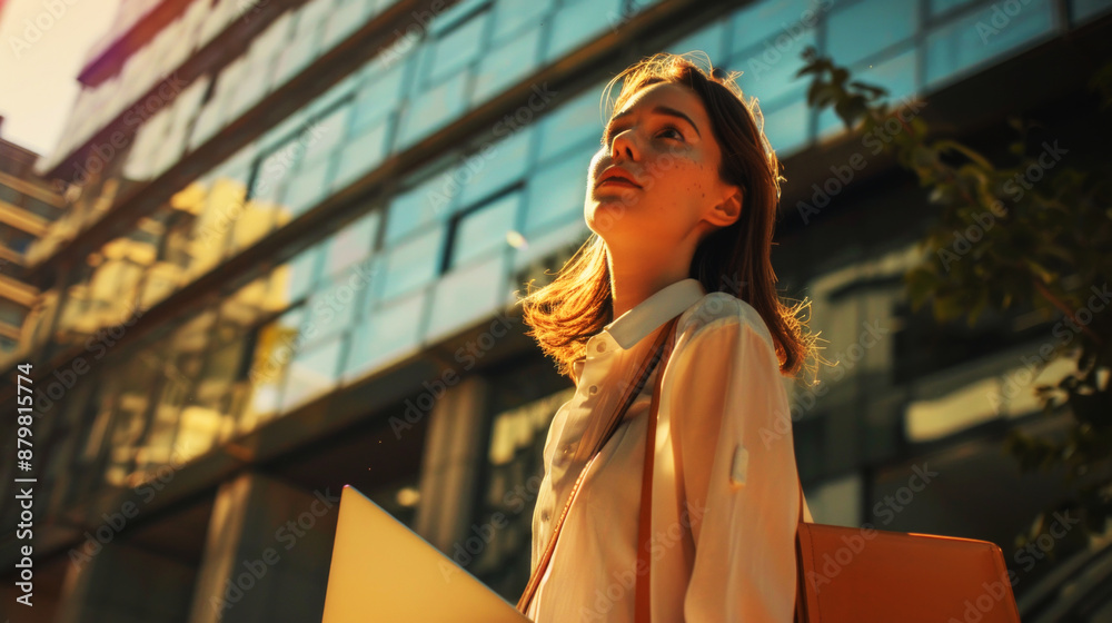business woman carrying her laptop, office background and tall buildings, hardworking productive woman business woman carrying her laptop, office background and tall buildings, hardworking productive woman