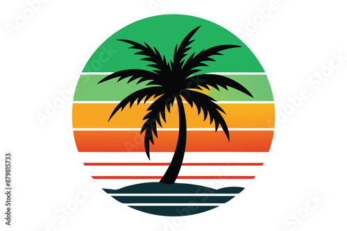 beautiful elegant summer graphic with palm tree sea and sunset