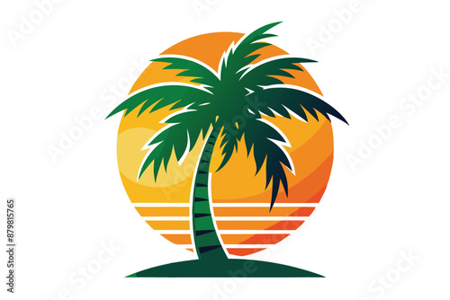 beautiful elegant summer graphic with palm tree sea and sunset